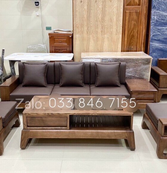 Bộ ghế sofa gỗ sồi nga chân quỳ 2m4 màu óc chó