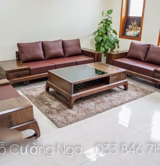 Bộ ghế sofa 2 văng gỗ sồi nga màu óc chó hiện đại