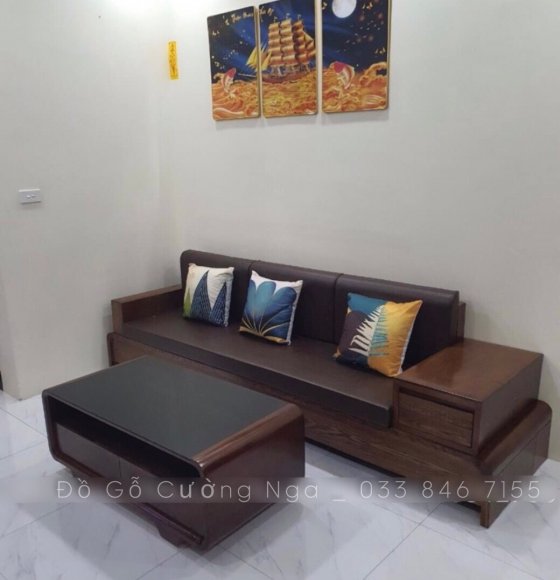 Bộ bàn ghế sofa gỗ sồi nga 2m3 màu óc chó hiện đại - kèm nệm 