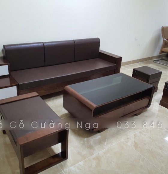 Bộ  bàn ghế sofa gỗ sồi nga 2m3 màu óc chó kèm nệm cao cấp 