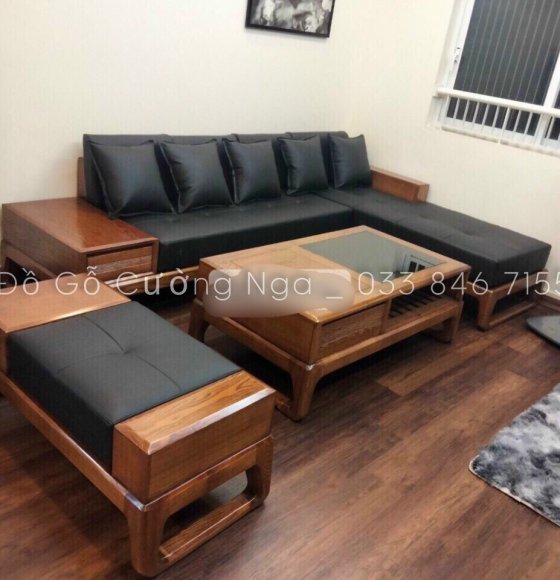 Ghế sofa gỗ sồi nga góc L hiện đại  2m8x2m - chân quỳ 