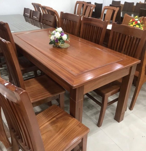 Bộ bàn ăn gỗ xoan đào 6 ghế - ghế lan dọc đơn giản 0.57-2
