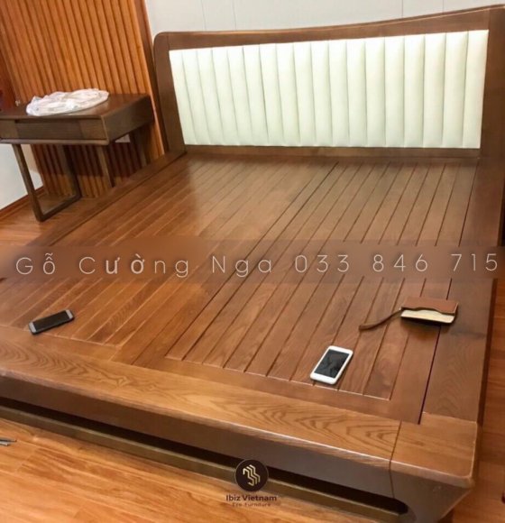 Giường gỗ sồi nga hiện đại đầu bọc nệm da cao cấp 