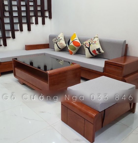 Bộ sofa gỗ sồi nga chân cuốn 2m8x1m8 - màu cánh gián kèm nệm 