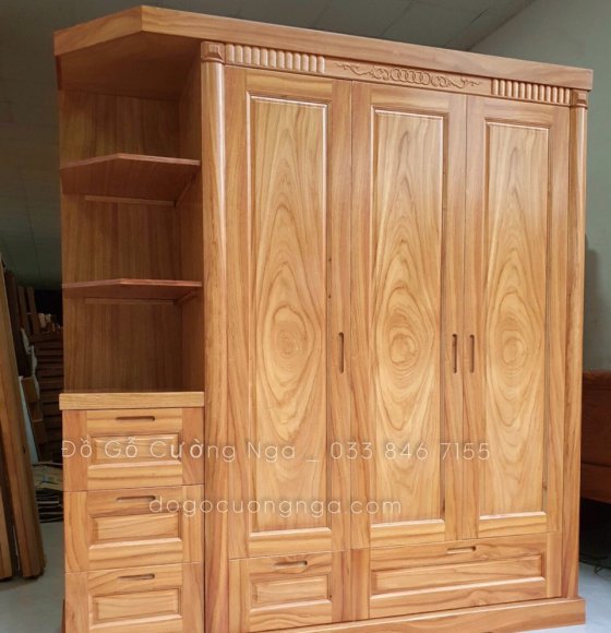 Tủ áo gỗ gõ đỏ 3 cánh kèm kệ trang trí hiện đại 