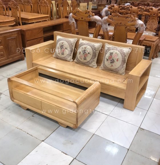 Bộ ghế sofa văng gỗ sồi nga 2m - bàn cong hiện đại 