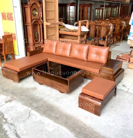 Bộ bàn ghế sofa gỗ sồi nga góc cuốn hiện đại màu óc chó 