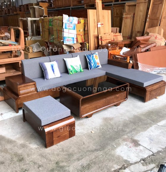 Bộ bàn ghế sofa gỗ sồi màu óc chó góc L hiện đại