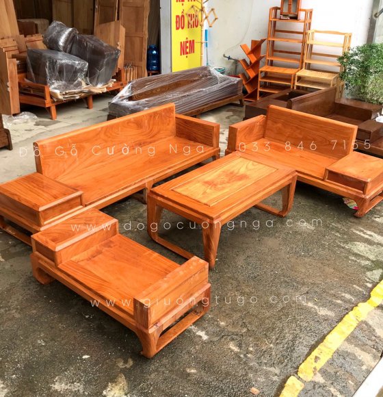 Bàn ghế sofa gỗ gõ đỏ hai văng 