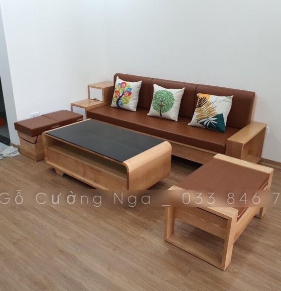Bộ ghế sofa văng gỗ sồi nga 2m3 nệm da hiện đại 
