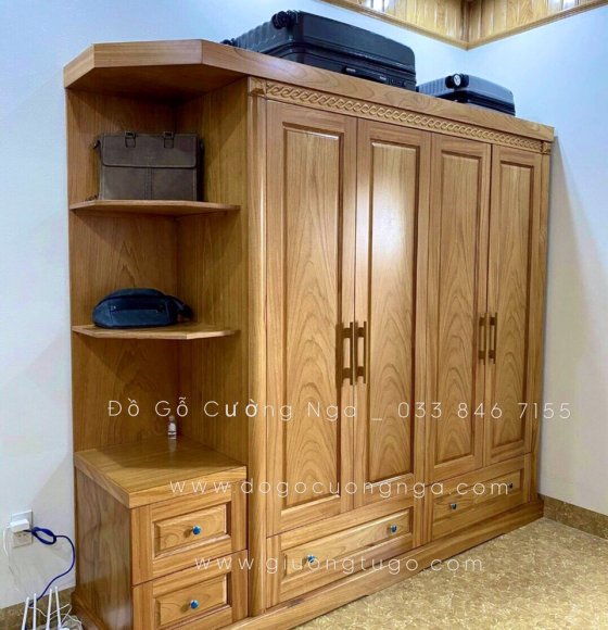Tủ áo gỗ gõ đỏ 4 cánh 2m3 kèm kệ trang trí