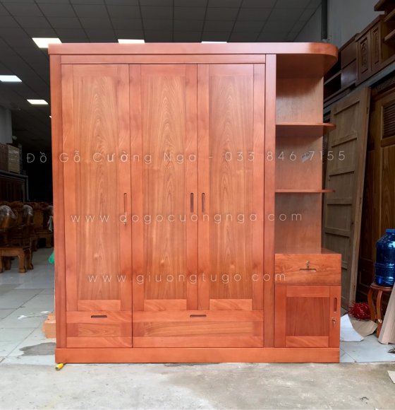 Tủ quần áo gỗ xoan đào 3 cánh 2m - kèm kệ trang trí 