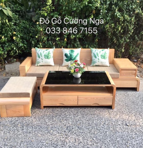 Ghế sofa gỗ sồi nga văng 2m3 kèm nệm hiện đại - màu tự nhiên 