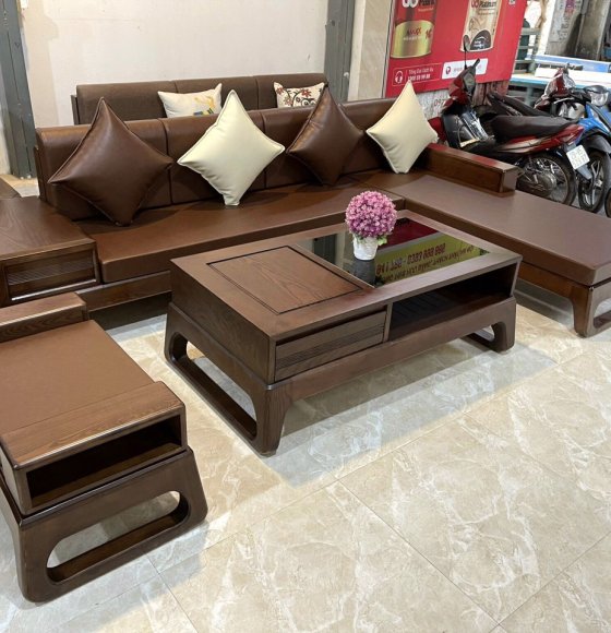 Ghế sofa góc L gỗ sồi nga màu óc chó - chân choãi 2m8x1m8 