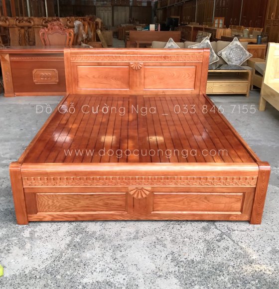 Giường gỗ sồi nga 1m6x2m - mẫu quạt - màu xoan