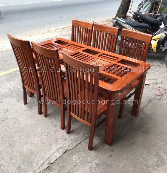 Bàn ăn gỗ xoan đào 6 ghế - mẫu dàn che hiện đại 