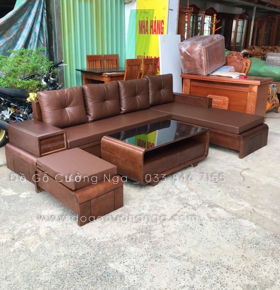 Ghế sofa gỗ sồi nga màu óc chó 2m8x1m8 - kèm nệm da cao cấp 