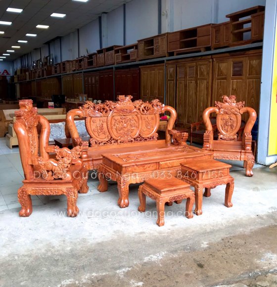 Bộ ghế salon gỗ hương đá tay 12 - 6 món - trạm nghê phượng