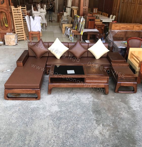 Ghế sofa gỗ sồi nga màu óc chó 2m8x1m8 - chân choãi 