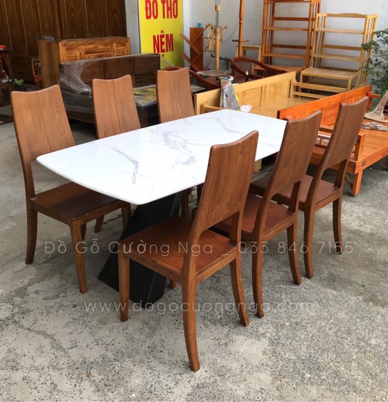 Bàn ăn gỗ sồi 6 ghế màu óc chó mặt đá cao cấp 