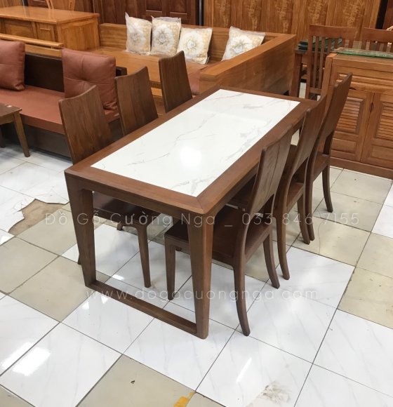 Bàn ăn gỗ sồi mặt đá 6 ghế màu óc chó - chân vòng hiện đại 