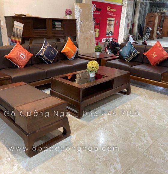 Ghế sofa gỗ sồi màu óc chó mẫu ghế 2 văng kèm nệm 