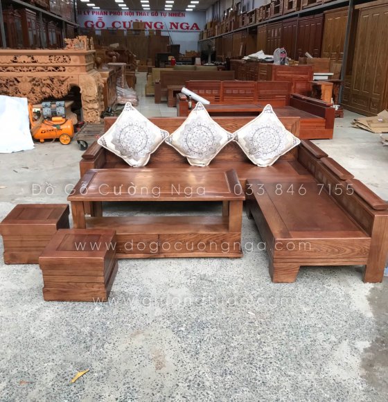 Bàn ghế sofa gỗ sồi nga màu óc chó - kèm gối lụa 