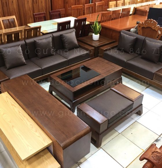 Bộ sofa 2 văng gỗ sồi màu óc chó - kèm nệm da 