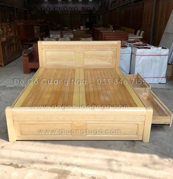 Giường gỗ sồi ngăn kéo hiện đại - mẫu quạt vạt phản 