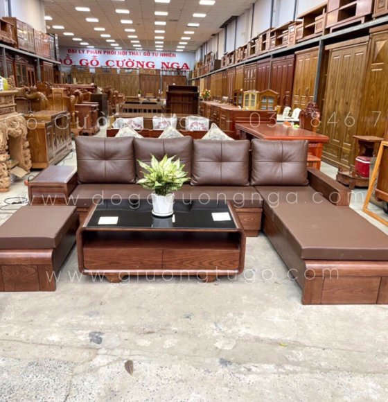 Ghế sofa gỗ sồi nga màu óc chó - góc 2m8x1m8 - nệm da cleo