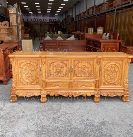 Kệ tivi gỗ gõ đỏ 2m - mẫu hoa hồng cao cấp 