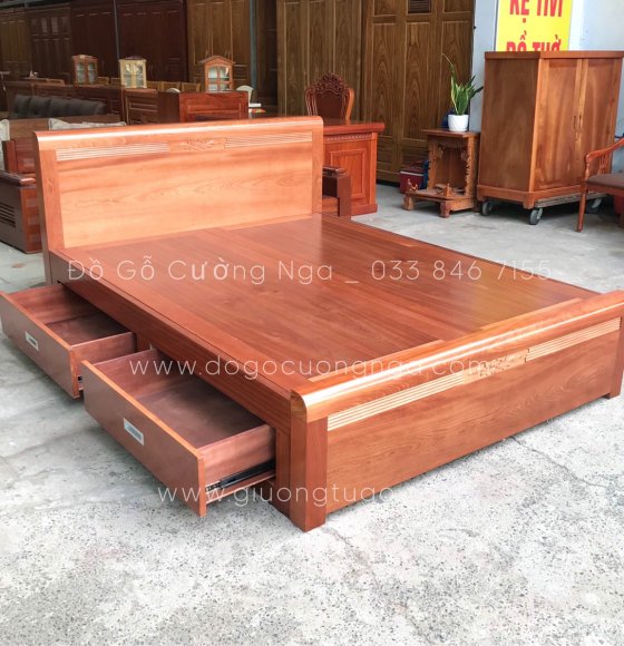 Giường gỗ xoan đào 2 ngăn kéo - vạt phản liền cao cấp 
