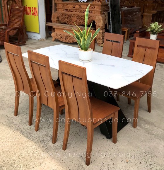 Bàn ăn mặt đá 6 ghế gỗ sồi - màu óc chó đẹp 