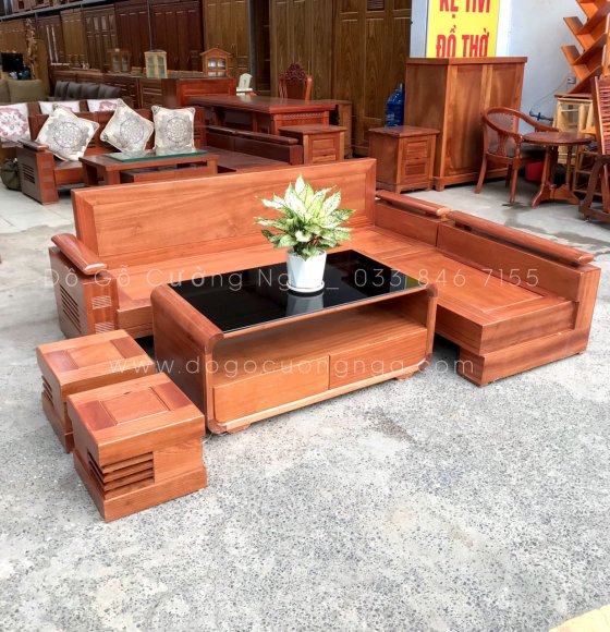Ghế sofa gỗ xoan đào góc L hiện đại 2m1x1m6 - bàn boom 