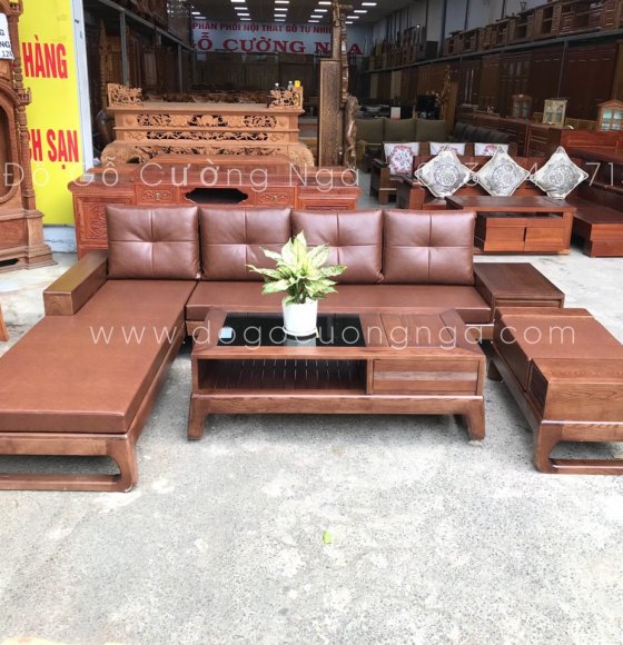 Bàn ghế sofa gỗ sồi chân choãi - màu óc chó 2m8x1m8 