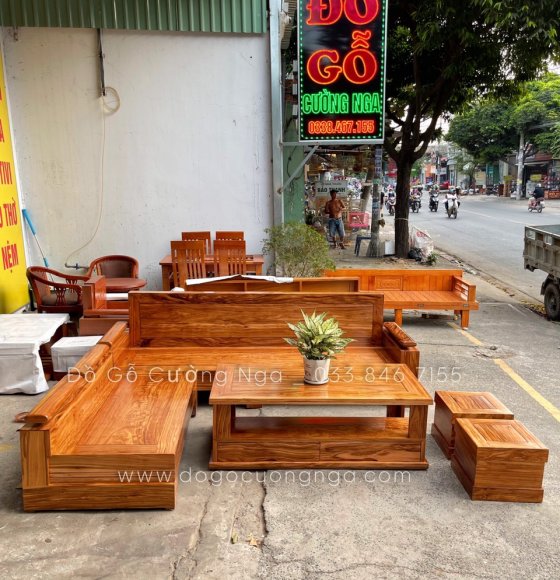 Ghế sofa góc L gỗ hương xám hiện đại 