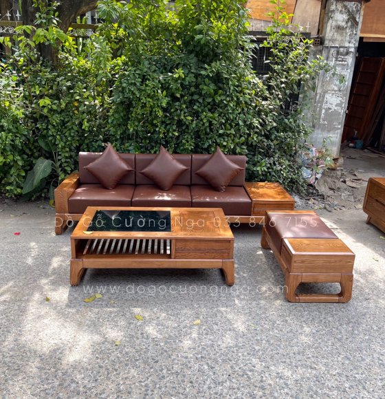 Ghế sofa gỗ sồi lau màu hương văng 3 chỗ ngồi 