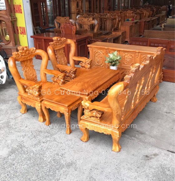 Bộ bàn ghế salon gỗ xà cừ tay 12 trạm nghê hạt - màu gõ đỏ 