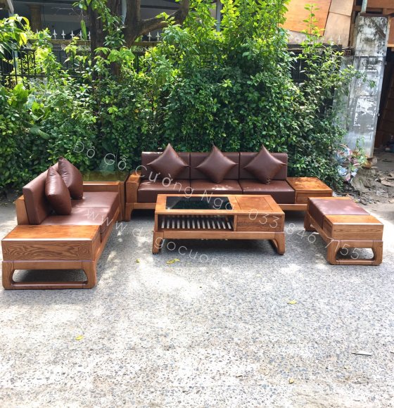 Bàn ghế sofa gỗ sồi lau màu hương - 2 văng chân choãi 