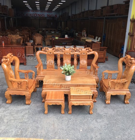 Bàn ghế salon gỗ gõ đỏ tay 12 - 6 món mặt liền tấm 
