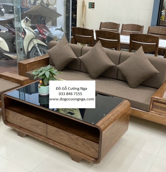 Ghế sofa gỗ sồi nga lau màu óc chó văng 2m35 