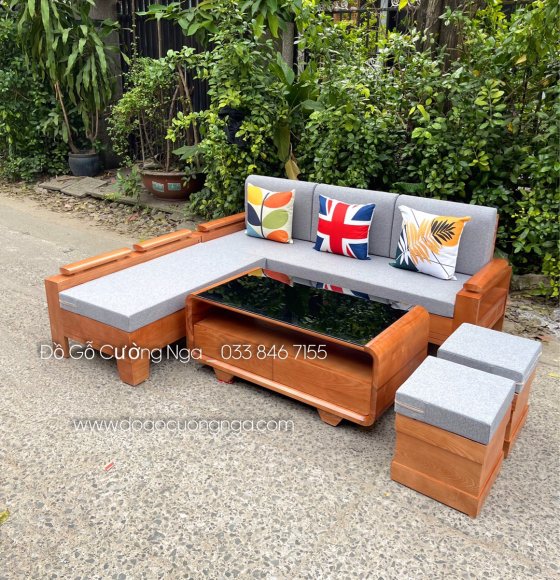 Ghế sofa gỗ sồi nga góc L 2mx1m8 kèm nệm