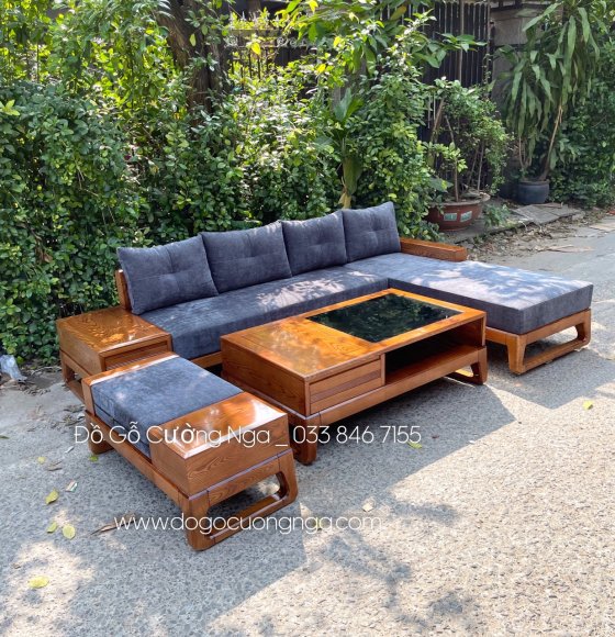 Ghế sofa gỗ sồi lau màu hương hiện đại - nệm vải bố cao cấp