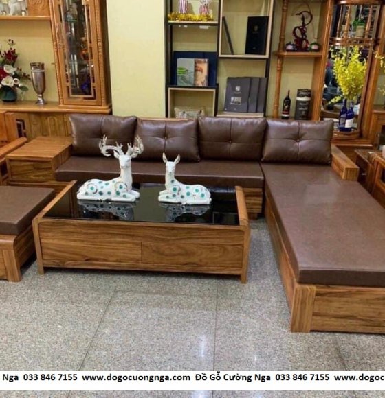 Bàn Ghế sofa gỗ hương xám góc L chân cuốn 2m8x1m8 kèm nệm 