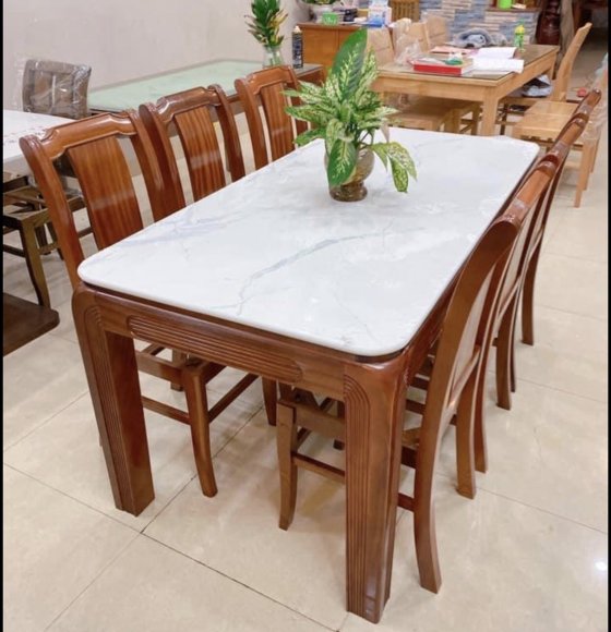 Bàn ăn gỗ xoan đào mặt đá 1m6 - 6 ghế lá soi 