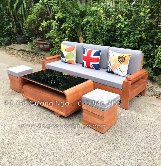 Bàn ghế sofa gỗ sồi nga kèm nệm - văng 2m -  4 món 
