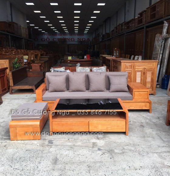 Ghế sofa văng 2m3 gỗ sồi lau màu hương kèm nệm 