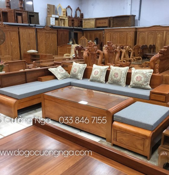 Bộ bàn ghế sofa góc L gỗ gõ đỏ hiện đại 2m82x2m12 kèm nệm 