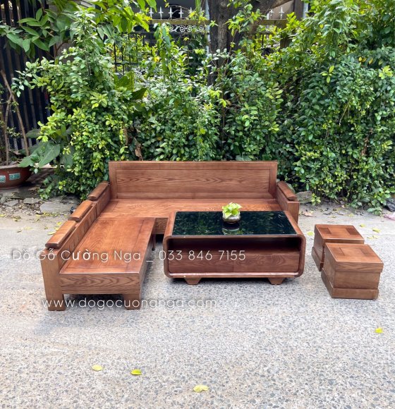 Bàn ghế sofa gỗ sồi nga màu óc chó 2mx1m8 - bàn bom hiện đại 
