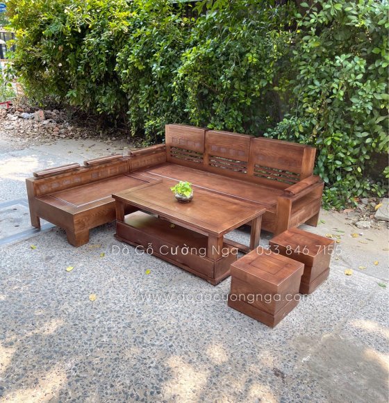 Ghế sofa góc L gỗ sồi màu óc chó cao cấp 2mx1m8 